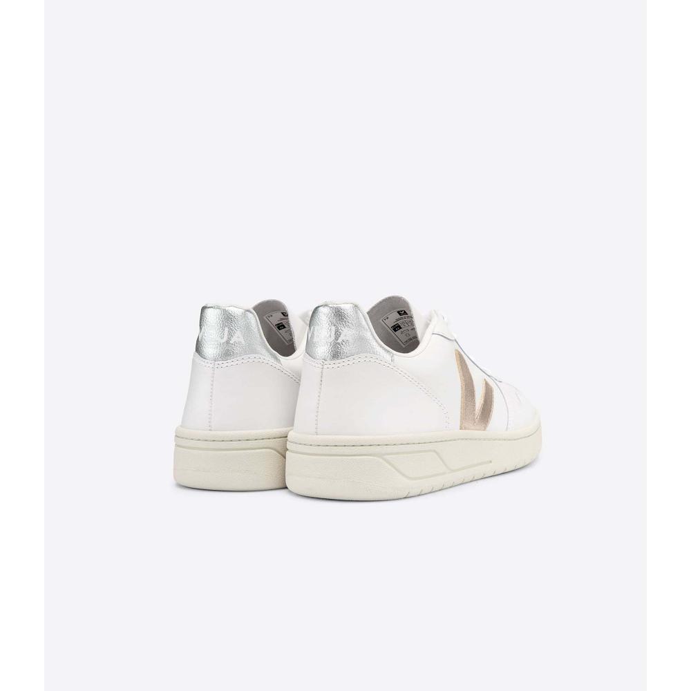 Veja V-10 LEATHER Women's Sneakers White/Silver | NZ 650DFM